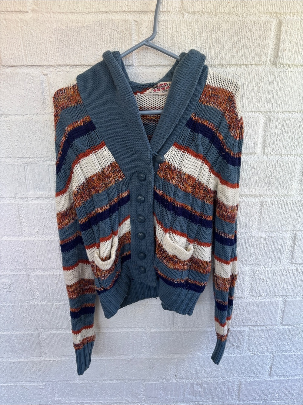 Currants Hand Knit by‎ Jeri-Jo Knit Vintage Striped Hooded Cardigan sz L